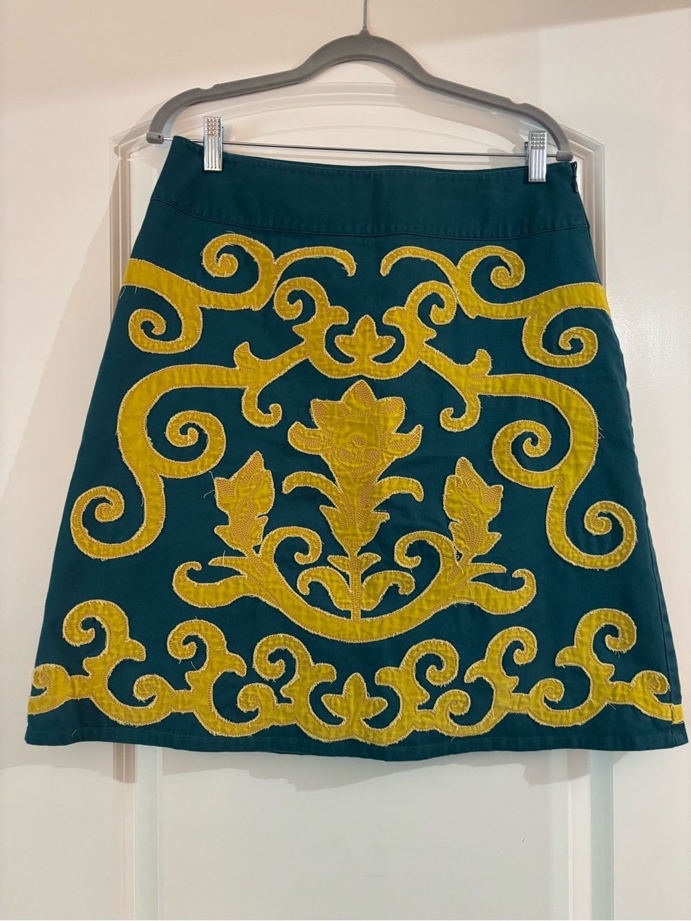 Boden Teal A-Line Skirt with Yellow Embroidered Motif